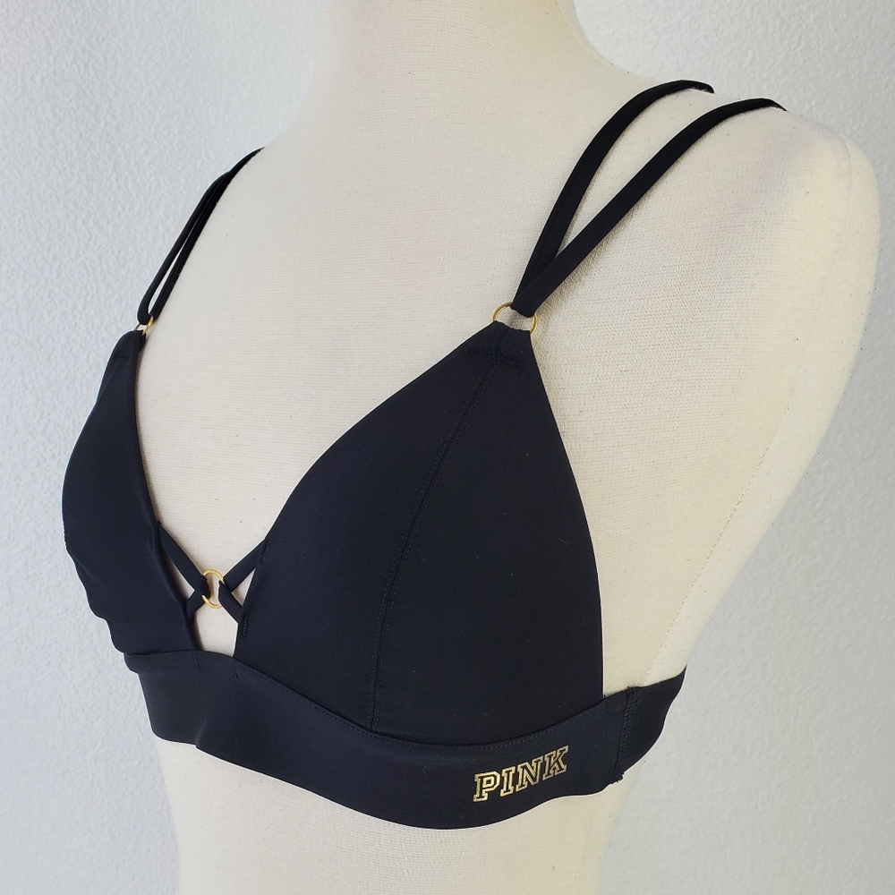 PINK Victoria's Secret Strappy Triangle Bonded Bralette Black Sz S - Picture 4 of 14